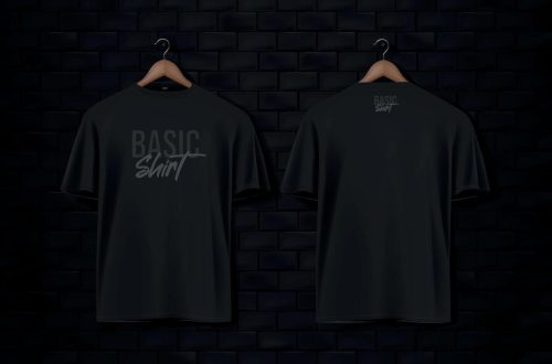 men-s-black-short-sleeve-t-shirt-mockup-in-black-wall-surface-with-dark-bricks-front-view-template-vector